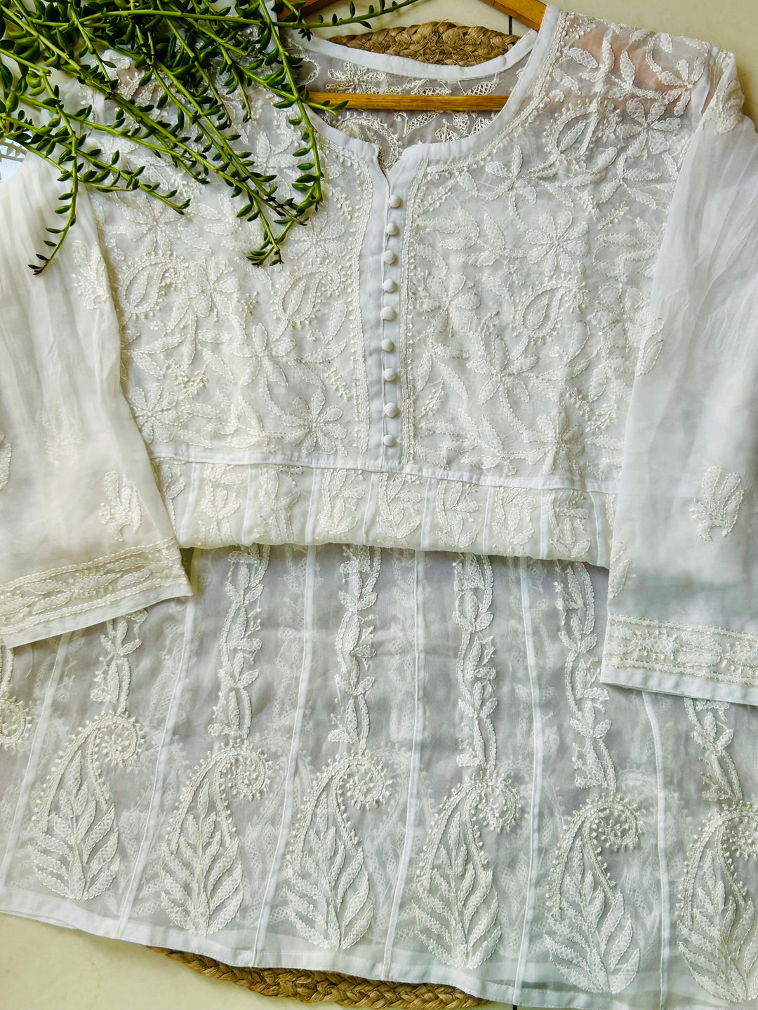 White Tara Resham Chikankari Hand Embroidered Women's Yog Anarkali Kurta