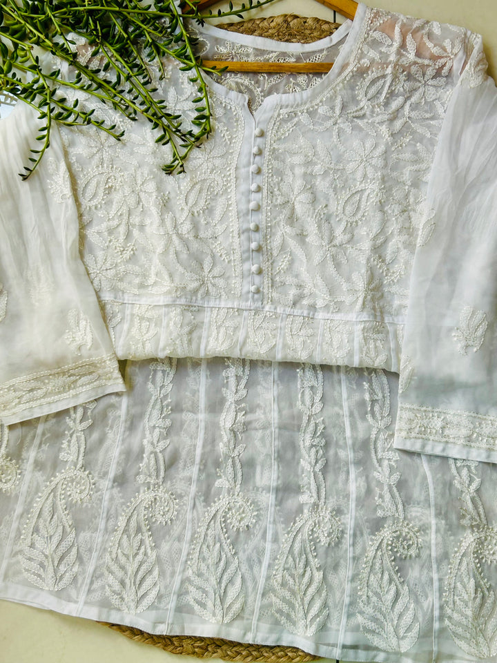 White Tara Resham Chikankari Hand Embroidered Women's Yog Anarkali Kurta