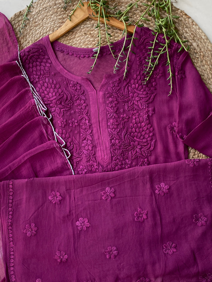Mauve Zoya Viscose Chikankari Kurta with Dupatta